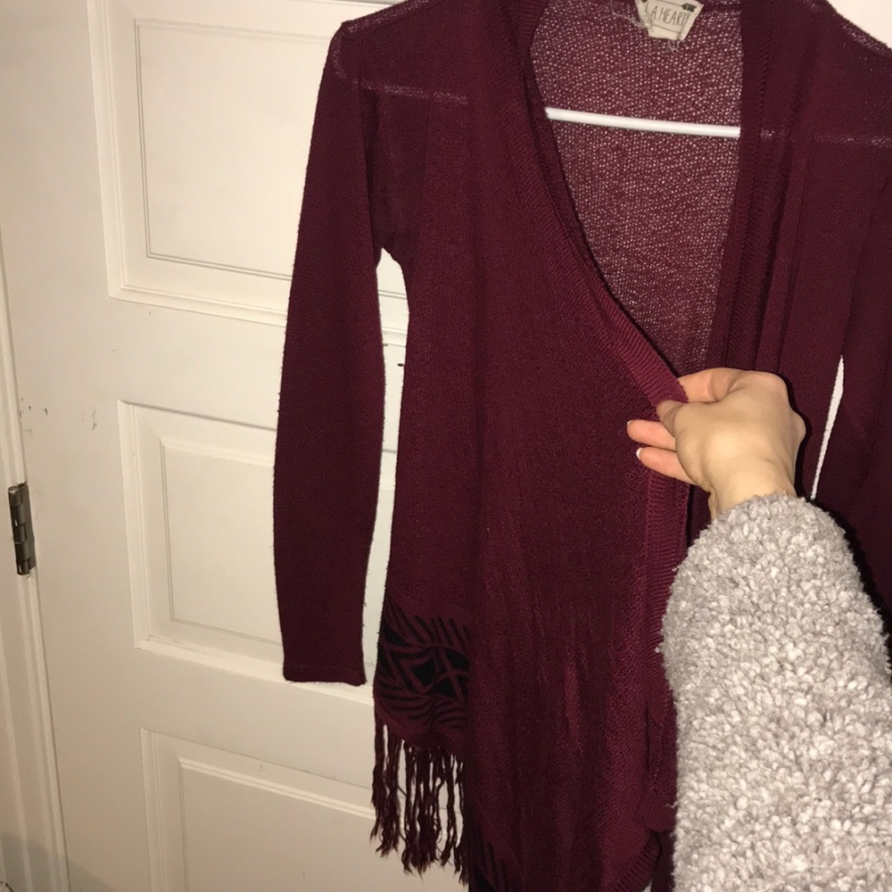 L.a. Hearts maroon cardigan with fringe bottom